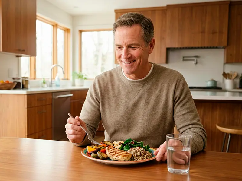 homem comendo em uma cozinha