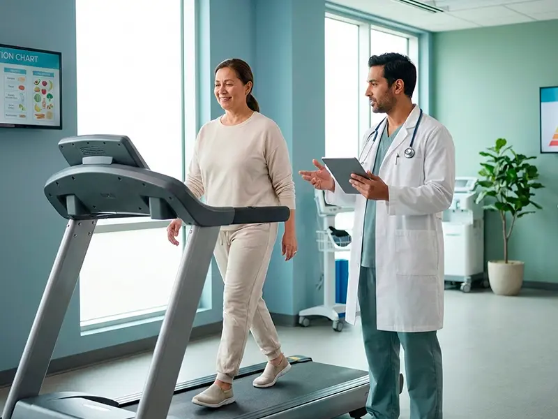 mulher caminhando em esteira, com medico ao lado.