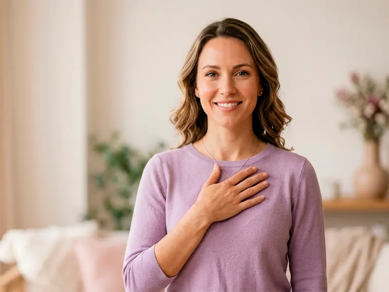 Março lilás - Mulher com a mão no peito