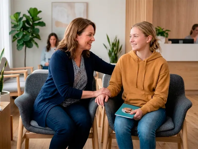 mãe e filha em sala de espera de um consultório médico