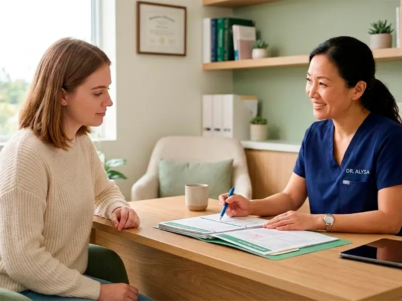 mulher em consultório médico com uma médica