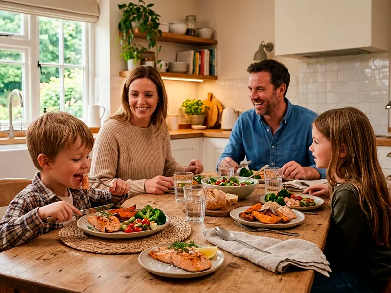 família sentada a mesa, com comidas saudaveis
