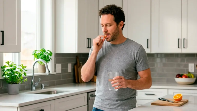 homem tomando uma pílula em uma cozinha moderna e clean