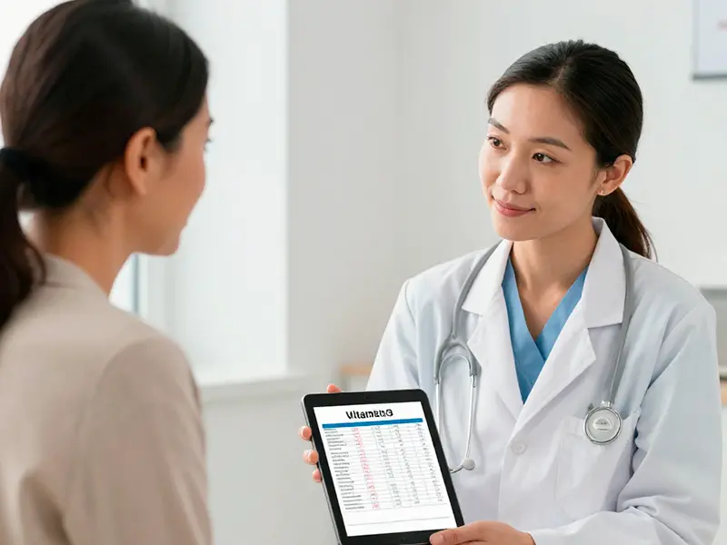 médica mostrando resultados de exames em tablet