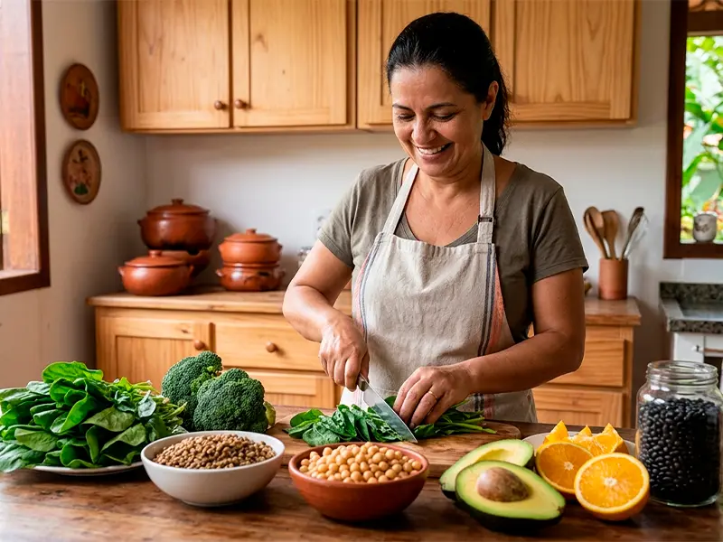 mulher cortando verduras e legumes em uma cozinha