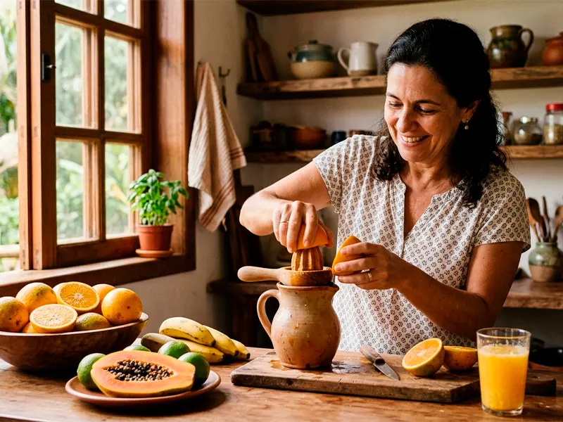 mulher espremendo laranjas em uma cozinha rústica