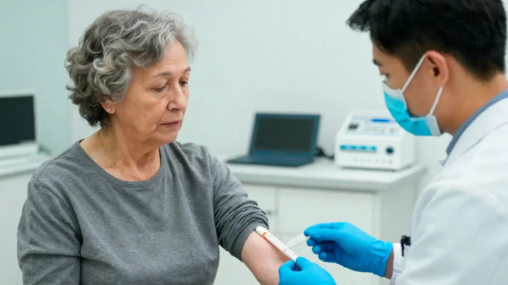 mulher idosa coletando sangue com um profissional da saúde