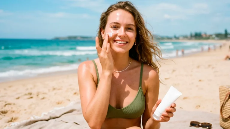 mulher na praia passando protetor solar